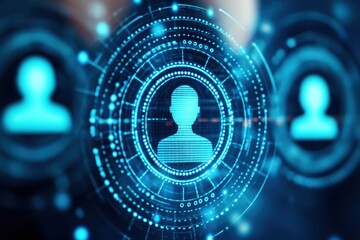 Abstract digital representation of virtual connections featuring user icons among glowing circular patterns and data streams in blue tones