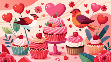 Romantic Valentines Day Cupcakes with Birds and Hearts