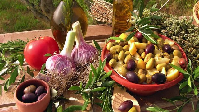 Olives , olive oil and garlic in Greece	
