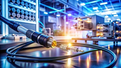 Fototapeta premium A single optic cable is being connected to another in a blurry background of a futuristic laboratory setting with various scientific instruments , innovation, electronics