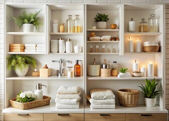 Organized Bathroom Cabinet with Spa-Like Products and Towels