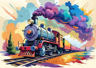 Colorful Artistic Illustration of a Vintage Steam Train on Tracks