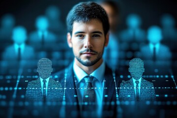 Professional male in business suit with digital blue interface and virtual figures representing teamwork and network in the background, symbolizing technology and communication