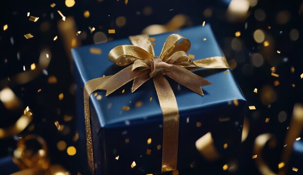 Navy Blue Gift Box with Gold Confetti and Bow