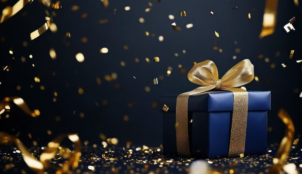 Navy Blue Gift Box with Gold Confetti and Ribbon