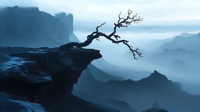Blue Foggy Mountain Landscape with Solitary Dead Tree