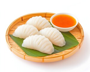 Four white dumplings with a dipping sauce in a woven bamboo basket