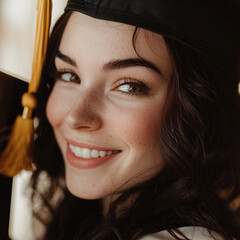 Smiling young woman in graduation cap with tassel, blurred background.