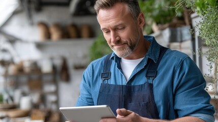 A plumber in blue overalls uses a tablet while fixing a modern faucet in a pristine kitchen at home, focused on the task