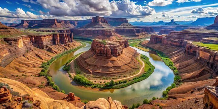 Majestic Colorado River winds its way through a stunning landscape of ancient mesas and towering red rock formations in Moab Utah, USA , Arid Environments, Desert Landscapes