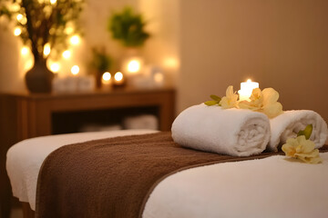 Cozy wellness spa bed with burning candles and diffuser for self care treatment skincare and aromatherapy