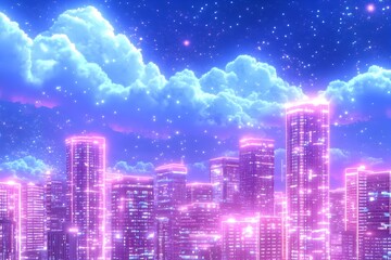 Neon cityscape with pink and blue glowing lights and clouds against a starry night sky