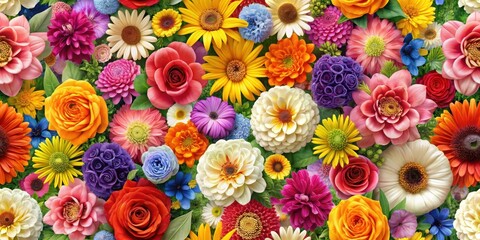 Colorful floral arrangement with blooming flowers in a seamless repeating pattern