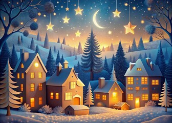 Fototapeta premium Paper Cut Winter Cityscape Night Scene - Cozy Houses & Snowy Trees