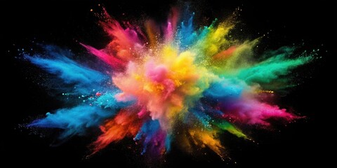 A vibrant explosion of multicolored powder against a stark black backdrop, showcasing a dynamic and energetic burst of color.