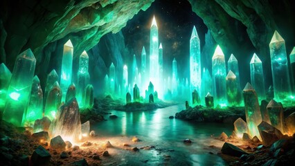 Glittering emerald crystals illuminate an inky black cave, casting an ethereal glow on ancient stone formations , crystal formations, mystical ambiance