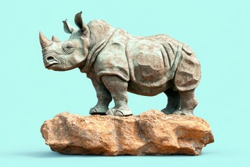 Fototapeta premium Detailed sculpted rhinoceros statue atop a rocky outcrop.