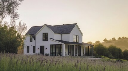 Obraz premium A stunning image of brand new, white contemporary farmhouse with a dark shingled roof and black windows.