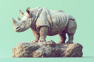 Fototapeta premium Pale, sculpted rhinoceros statue atop a rocky outcrop.