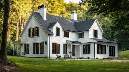 A stunning image of brand new, white contemporary farmhouse with a dark shingled roof and black windows.