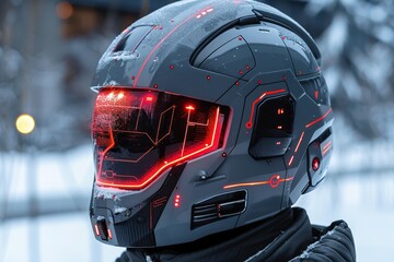 Fototapeta premium Futuristic helmet with glowing accents worn in snowy urban environment during winter