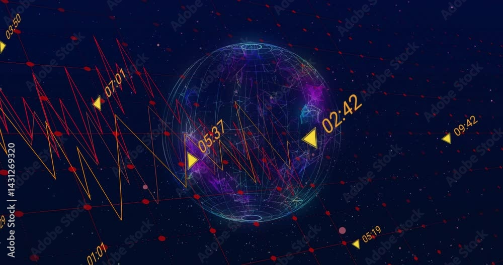 Poster rotating wireframe globe glowing inside data visualization space, showing time pointers and charts