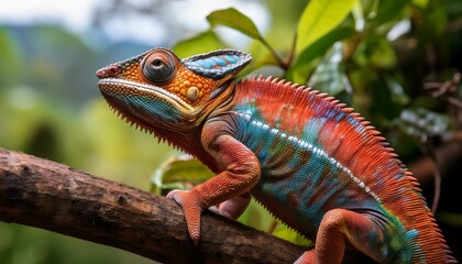 Obraz premium a colorful chameleon perched on a tree branch highlighting its unique appearance and natural surroundings