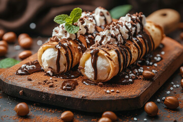 Delicious rolled crepes with whipped cream and chocolate drizzle