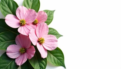Fototapeta premium Stunning pink dogwood flowers, lush green leaves, pristine white backdrop , photography, closeup
