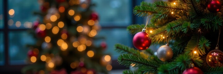 Sparkling Christmas tree with colorful ornaments, lush greenery and soft glow of fairy lights, , Festive