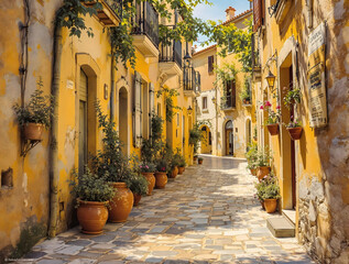 Obraz premium Charming Yellow-Walled Street in a Mediterranean Village