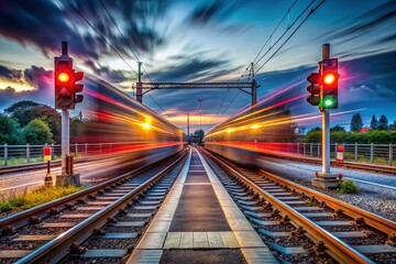 Obraz premium Railway Crossing Safety: Train Approaching, Signals & Barriers Active - Stock Photo