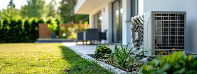 Modern heat pump installed in a green garden of a family home