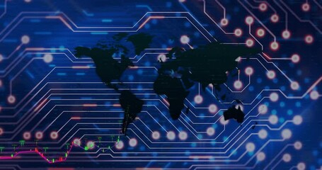 World map silhouette connecting circuit lines and red glowing nodes displaying neon financial chart