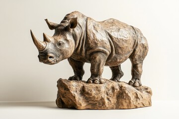 Obraz premium Detailed sculpture of a black rhinoceros atop a rocky outcrop.