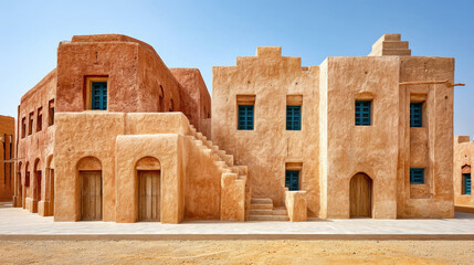 Traditional architecture with vibrant blue windows in a desert environment
