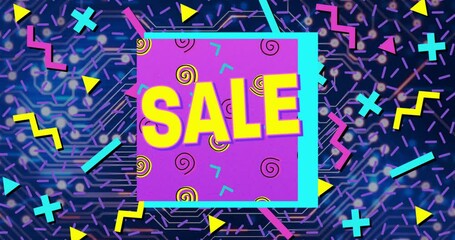 Magenta panel being framed by turquoise border showcasing bold yellow SALE text in flat design