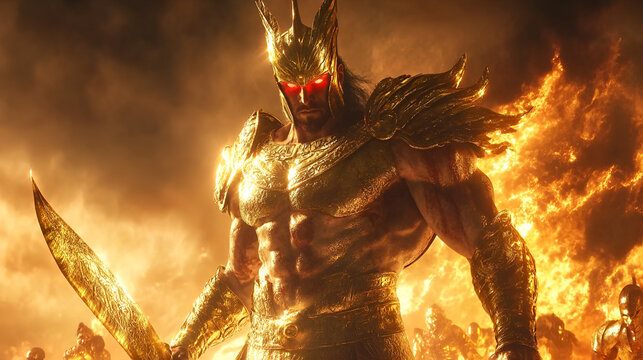 warrior god, Infernal Armor, Celestial Warrior, Flaming Sky, Black Halo, War God	