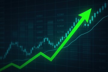 Fototapeta premium Uptrend Arrow: A vibrant, stylized green arrow ascends sharply against the backdrop of a financial chart, suggesting growth and success. The dark background accentuates the arrow's direction.
