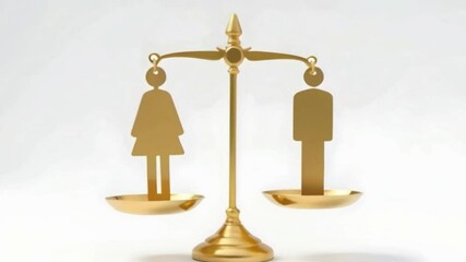 Golden Balance Scale Between Male and Female Symbols on White Background, Equality and Inclusion Concept
