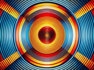Fototapeta premium Retro Futuristic Geometric Double Exposure: Concentric Circles & Angular Stripes in Vibrant Primary Colors