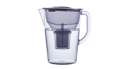 A clear water filter pitcher with a gray filter insert sitting on a white surface in a studio setting