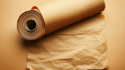 Overhead view of a brown kraft paper roll used for eco-friendly packaging and custom printing