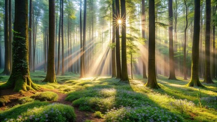 Fototapeta premium Sunbeams Illuminate a Mystical Forest Path, Bathing the Blossoming Undergrowth in Golden Light