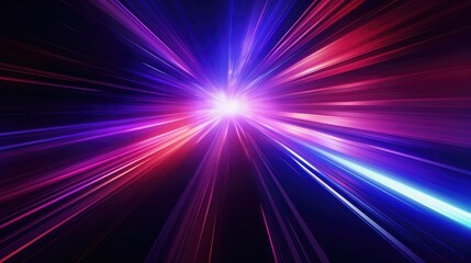 Abstract futuristic background with blue and purple neon light streaks, creating a speed motion effect resembling a speedway tunnel, high-speed train or spaceship travel concept. 