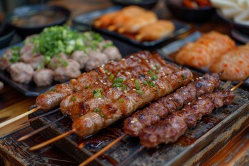 Fried sausages and grilled meat