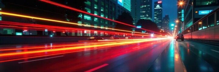Naklejka premium High-speed car, long yellow-red light trails, dynamic city background, upward motion , lines, backdrop