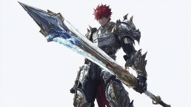 Fototapeta Powerful warrior in ornate armor wielding a large, glowing sword.