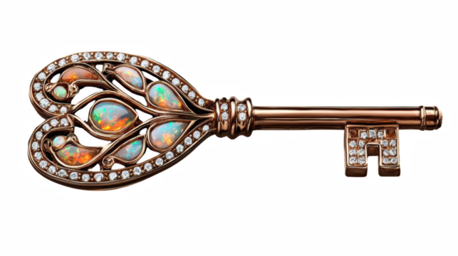 stunning opal brooch shaped like key, symbolizing secrets and elegance, adorned with sparkling details