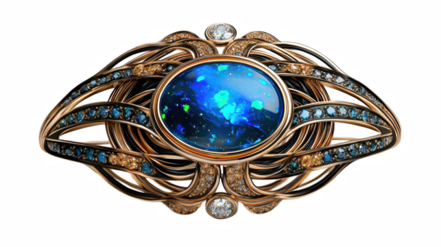 stunning opal brooch with celestial theme, featuring vibrant blue gemstone surrounded by intricate golden filigree